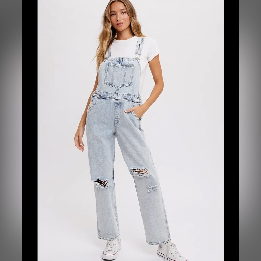 Light Distressed Ripped Overalls